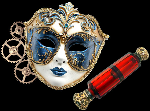 Máscara veneciana y frasco de veneno en juego de misterio de Carnaval de Venecia